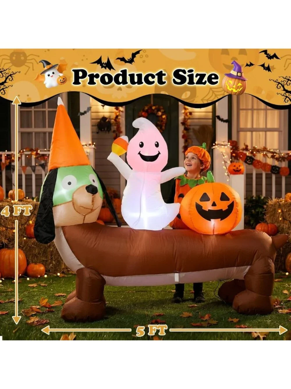 5FT Halloween Inflatable Dachshund & Ghost Yard Decoration - Festive Outdoor